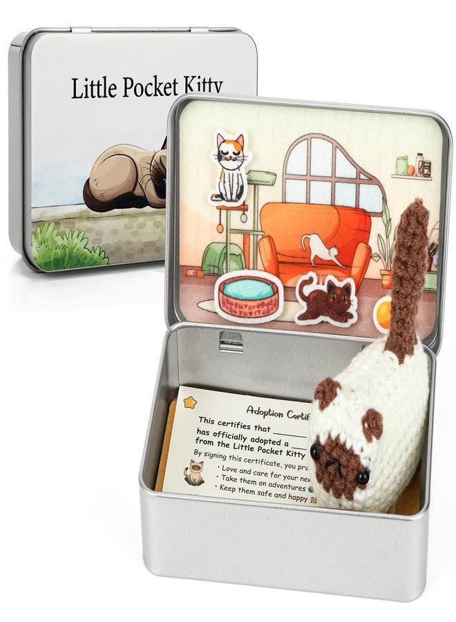 JULEASEL Little Pocket Kitty, Knitted Siamese Cat in Tin Box, DIY Pet Kitty Adoption, Travel Buddy, Cute Mini Gift for Cat Lovers & Friends - Image 1
